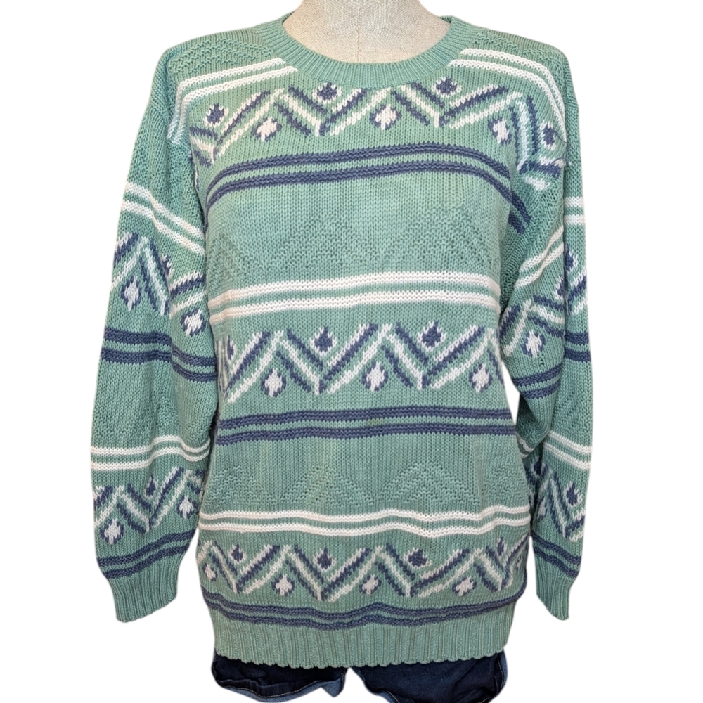 Vintage Grace Nordic Knit Sweater Medium Green Unisex